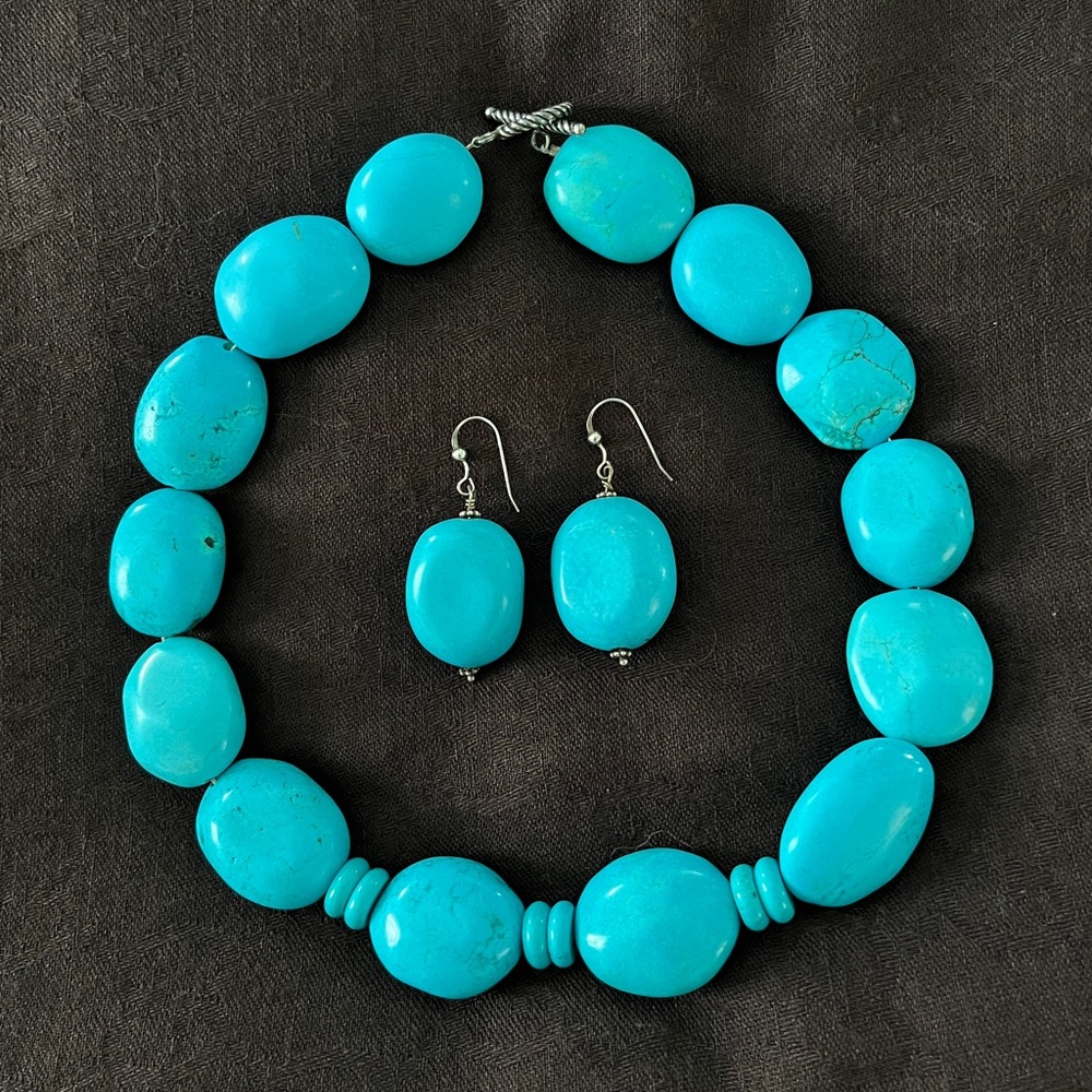 Genuine Turquoise Silver Necklace and Earrings Set